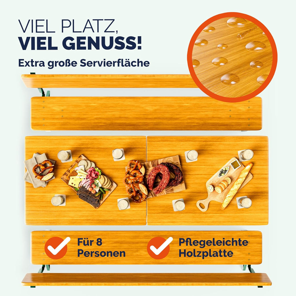 Casaria Bierzeltgarnitur 170 cm mit Lehne, 3-teilig aus Holz & Stahl, klappbar, Braun, Tisch mit 2 Bierbänken