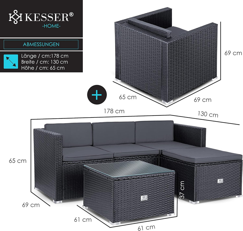 KESSER Polyrattan Lounge Aruba Anthrazit für 4–5 Personen – Gartenmöbel Set mit Sofa, Sessel, Hocker & Tisch