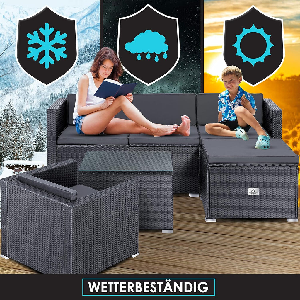 KESSER Polyrattan Lounge Aruba Anthrazit für 4–5 Personen – Gartenmöbel Set mit Sofa, Sessel, Hocker & Tisch