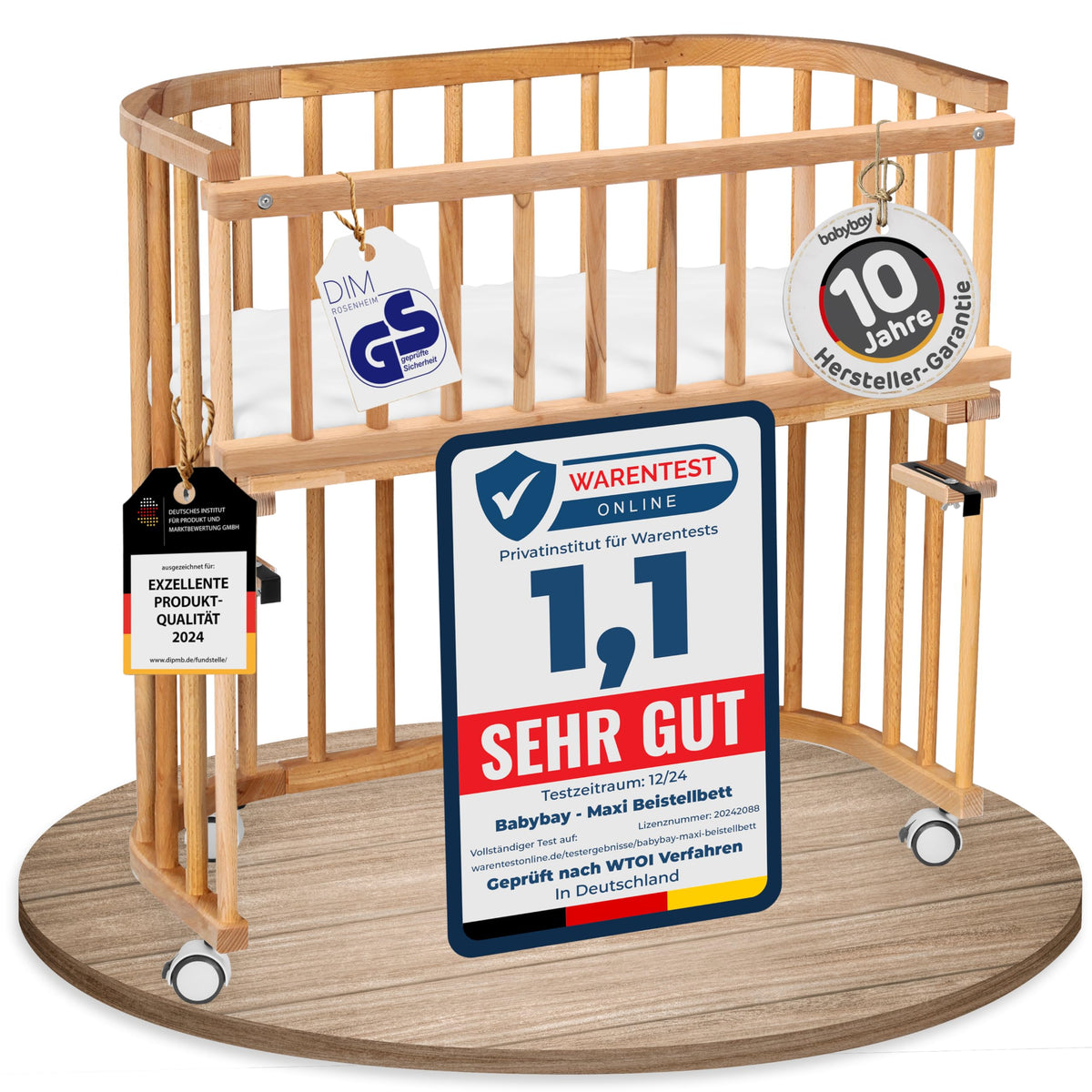 babybay Original Beistellbett aus massivem Buchenholz mit Matratze, höhenverstellbares Babybett für Neugeborene