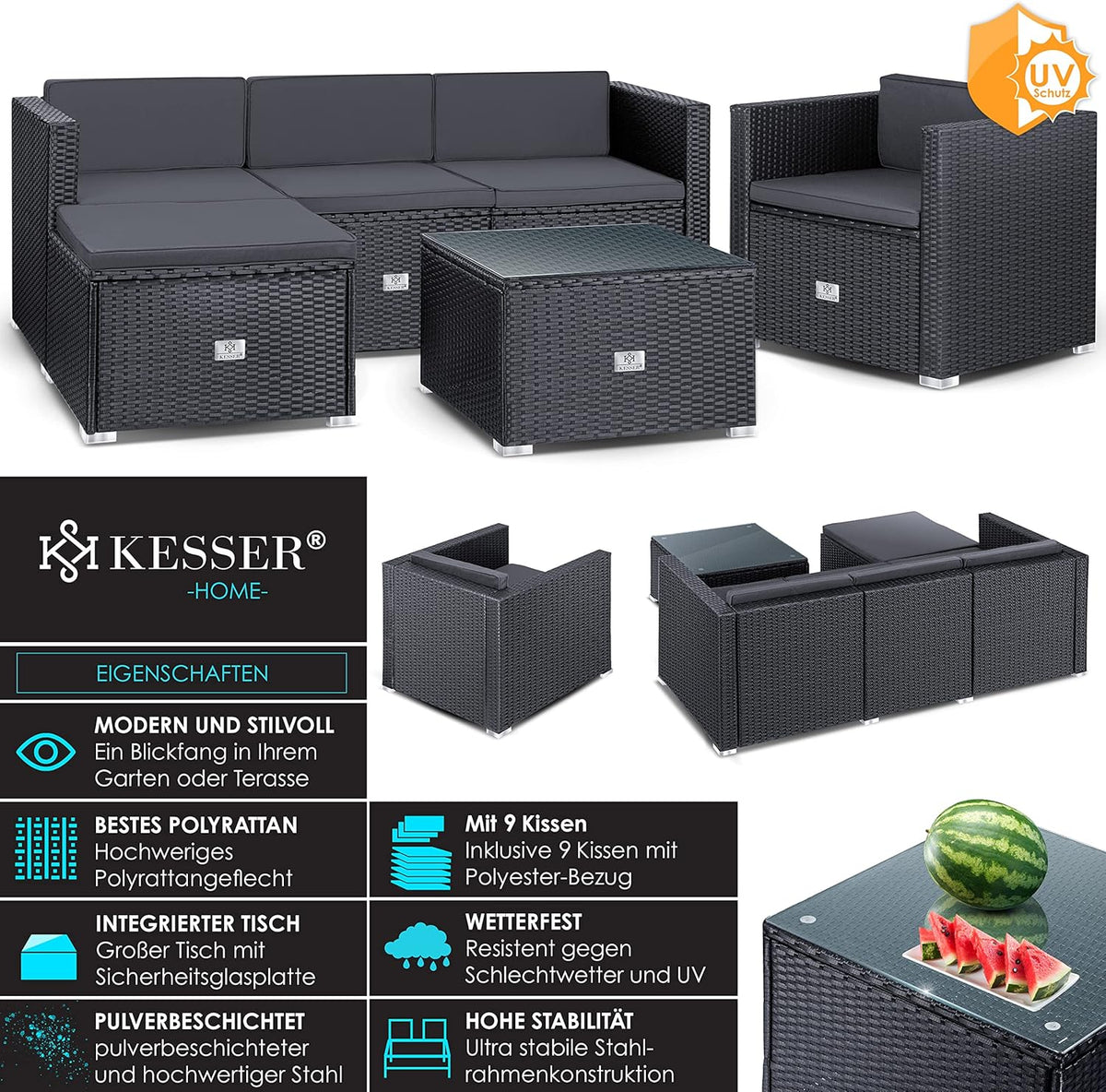 KESSER Polyrattan Lounge Aruba Anthrazit für 4–5 Personen – Gartenmöbel Set mit Sofa, Sessel, Hocker & Tisch