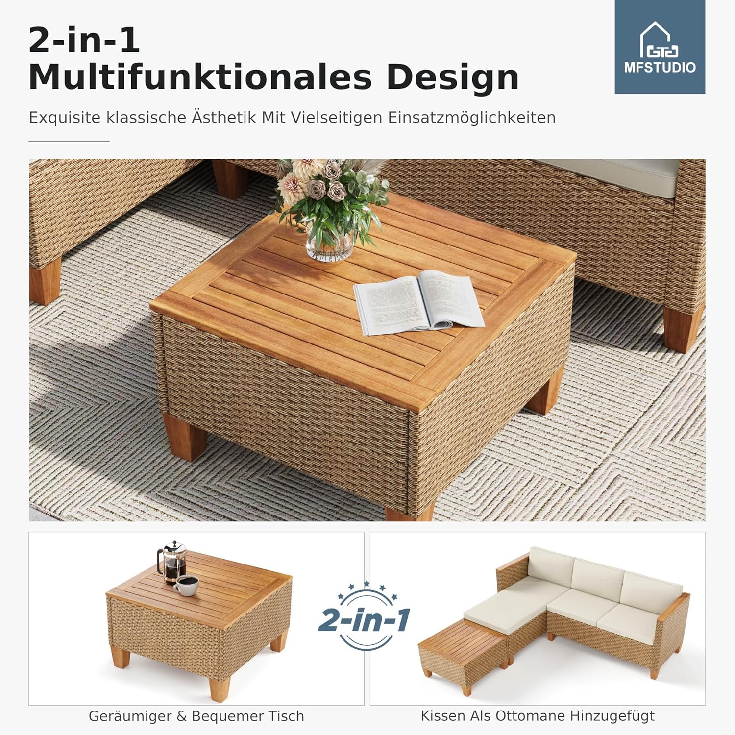 MFSTUDIO Gartenmöbel Set 3-teilig Polyrattan Braun, L-förmige Gartenlounge mit Kissen & Akazienholztisch für 4 Personen