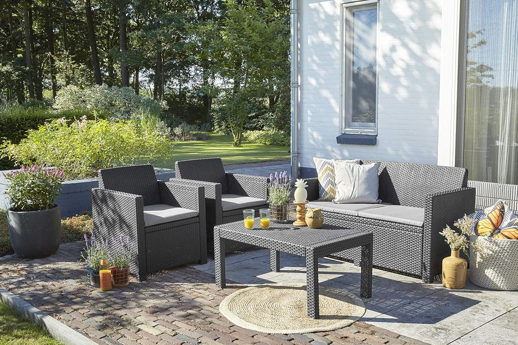 Keter Merano Gartenmöbel Set 4-teilig Grau mit Sitzkissen – Gartenlounge mit Sofa, 2 Sesseln & Tisch für Garten und Terrasse