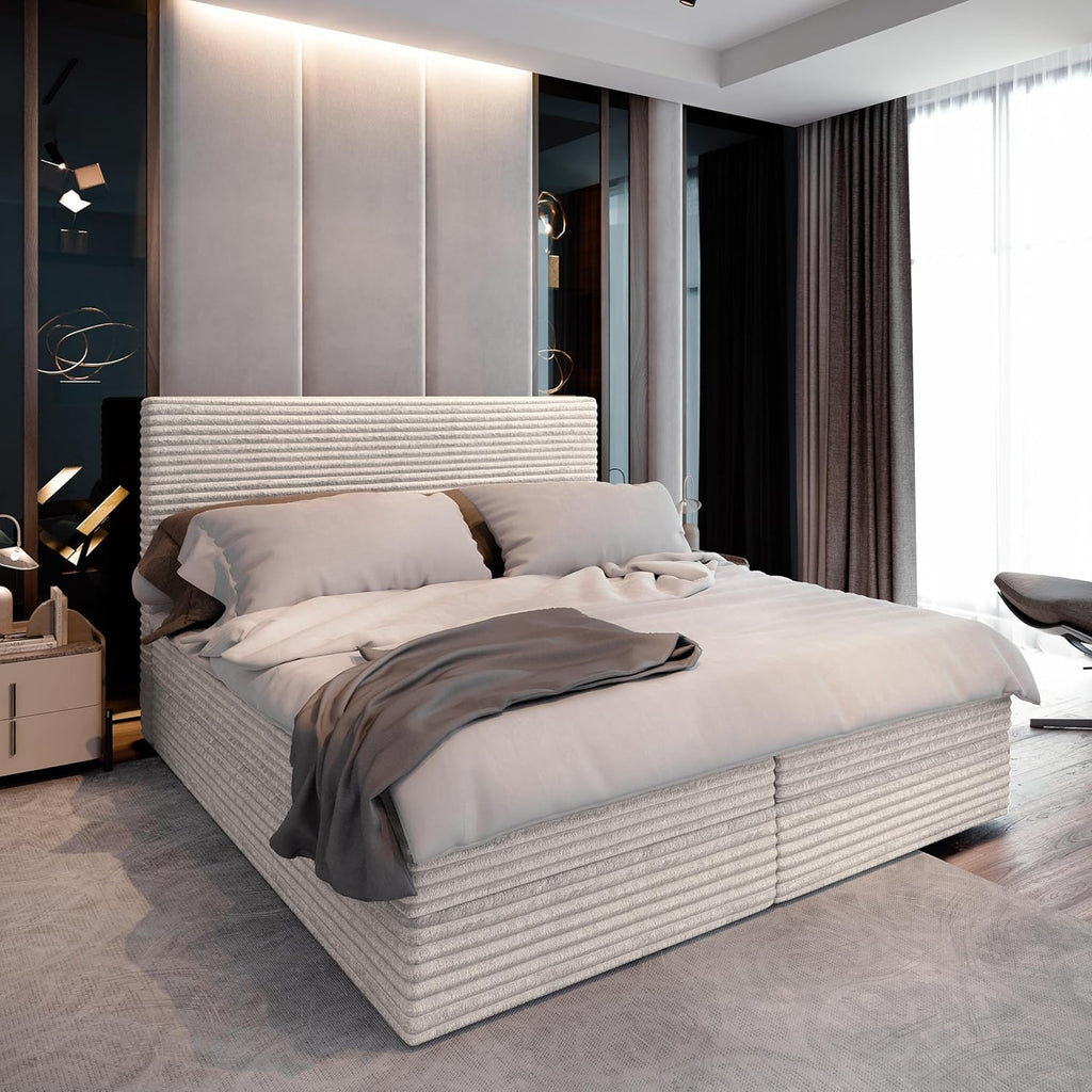 Masseno Boxspringbett PISA Creme mit Matratze & Topper, Polsterbett mit Bettkasten und gepolstertem Kopfteil