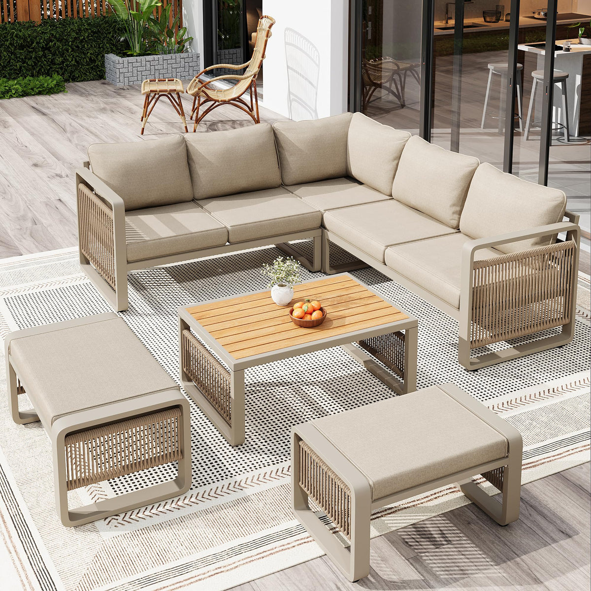 Merax Gartenmöbel Lounge Set Grau für 6–7 Personen, Gartensofa mit Liegefunktion, Ecklounge mit Sitzkissen für Terrasse & Balkon