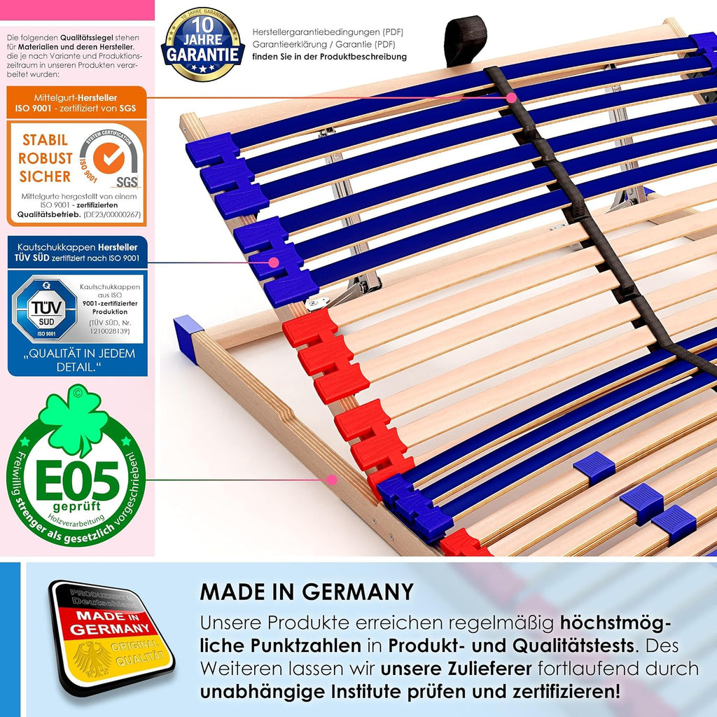 stabiler Lattenrost 100% BUCHE Lattenrahmen - Kopfteil verstellbar - SCHULTERFRÄSUNG, 7 Zonen, 42 Federleisten, Härte-Regulierung, Mittelgurt - SLEEP