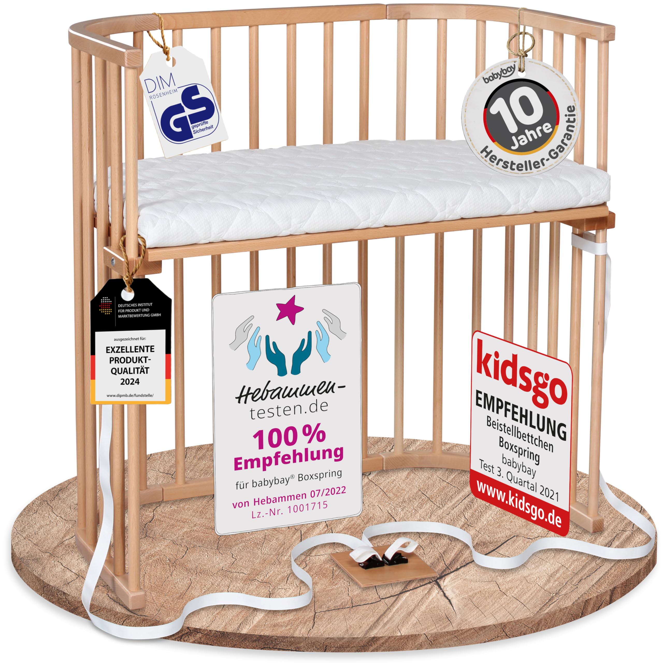 babybay Original Beistellbett aus massivem Buchenholz mit Matratze, höhenverstellbares Babybett für Neugeborene