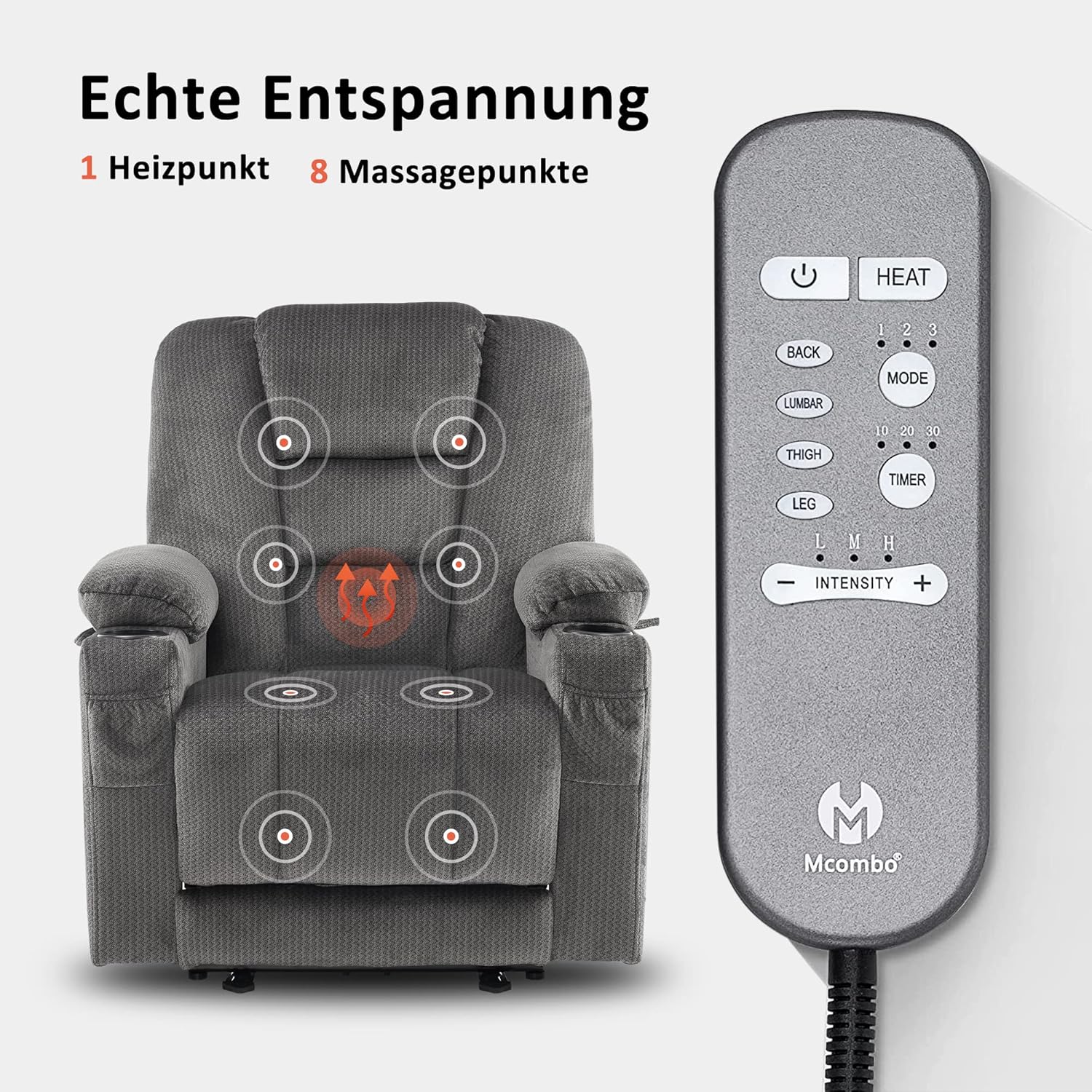 M MCombo Elektrischer Fernsehsessel Relaxsessel mit Liegefunktion, Massage & Wärme, USB-Anschluss, verstellbarer TV Sessel für Wohnzimmer