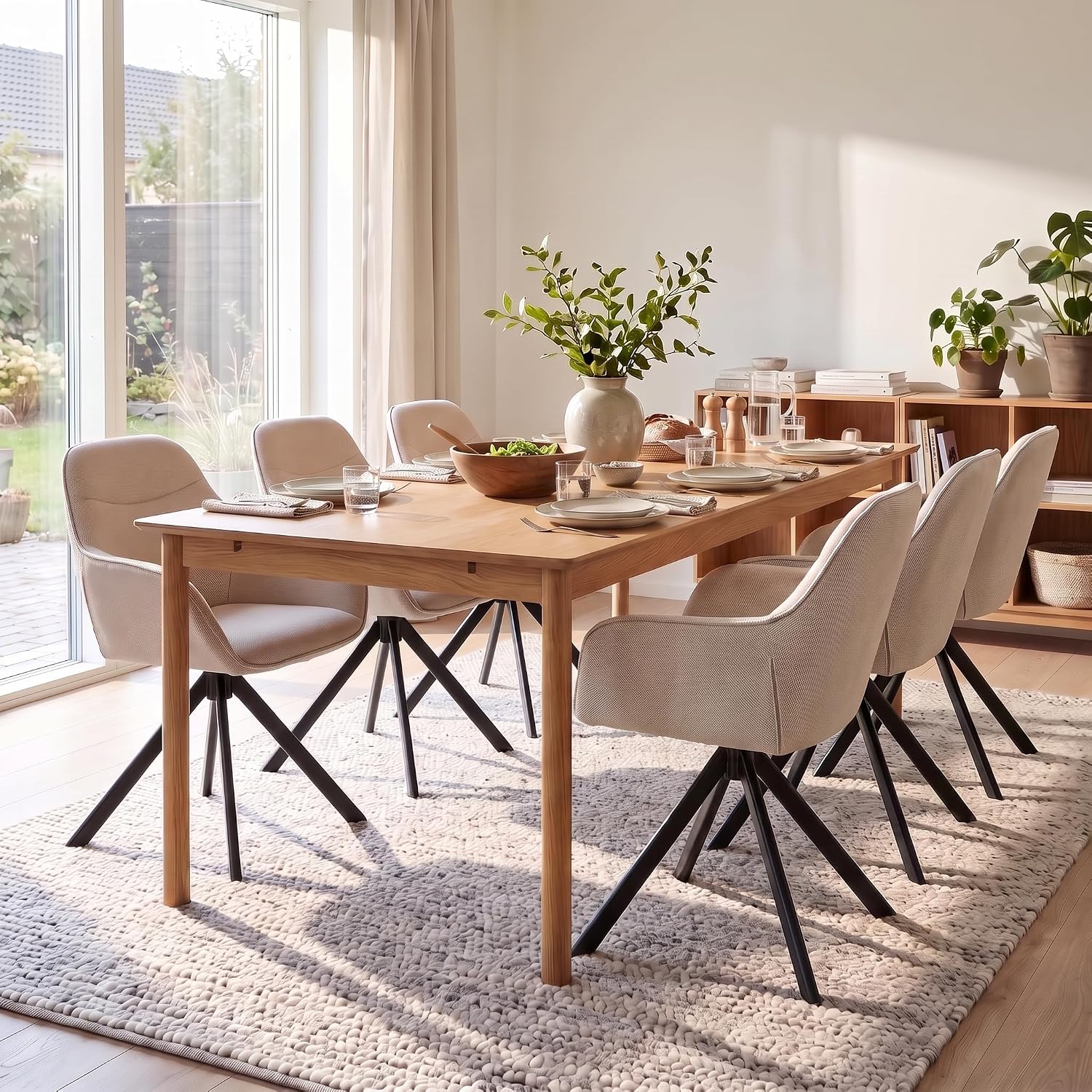 Esszimmerstühle Drehbar 4er Set mit Armlehne, 360° drehbar, Polsterstuhl Leinen, Drehstuhl Esszimmer Beige, Küchenstuhl mit Metallbeine für