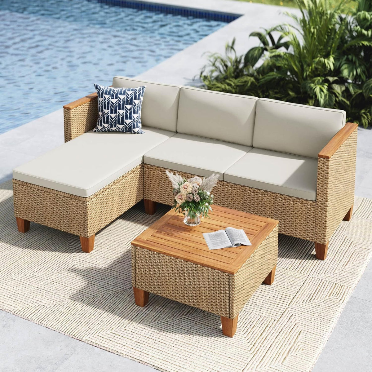 MFSTUDIO Gartenmöbel Set 3-teilig Polyrattan Braun, L-förmige Gartenlounge mit Kissen & Akazienholztisch für 4 Personen