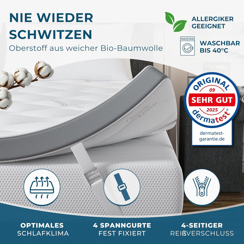 Deluxe Gel Topper 180x200cm | Oberstoff aus 100% Bio-Baumwolle | wolkenweicher 7-Zonen Matratzentopper 180x200cm | Hohes RG 50 | 8cm Matratzen Topper