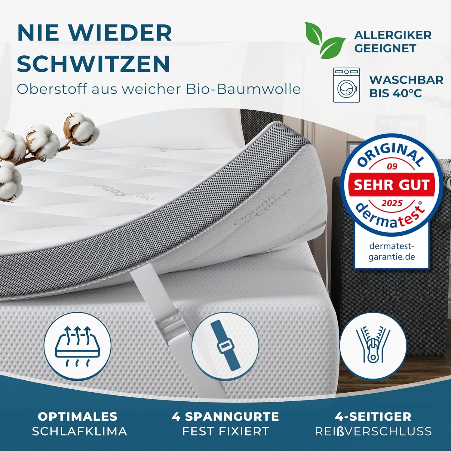 Deluxe Gel Topper 180x200cm | Oberstoff aus 100% Bio-Baumwolle | wolkenweicher 7-Zonen Matratzentopper 180x200cm | Hohes RG 50 | 8cm Matratzen Topper