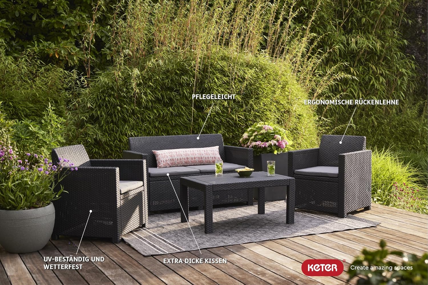 Keter Merano Gartenmöbel Set 4-teilig Grau mit Sitzkissen – Gartenlounge mit Sofa, 2 Sesseln & Tisch für Garten und Terrasse