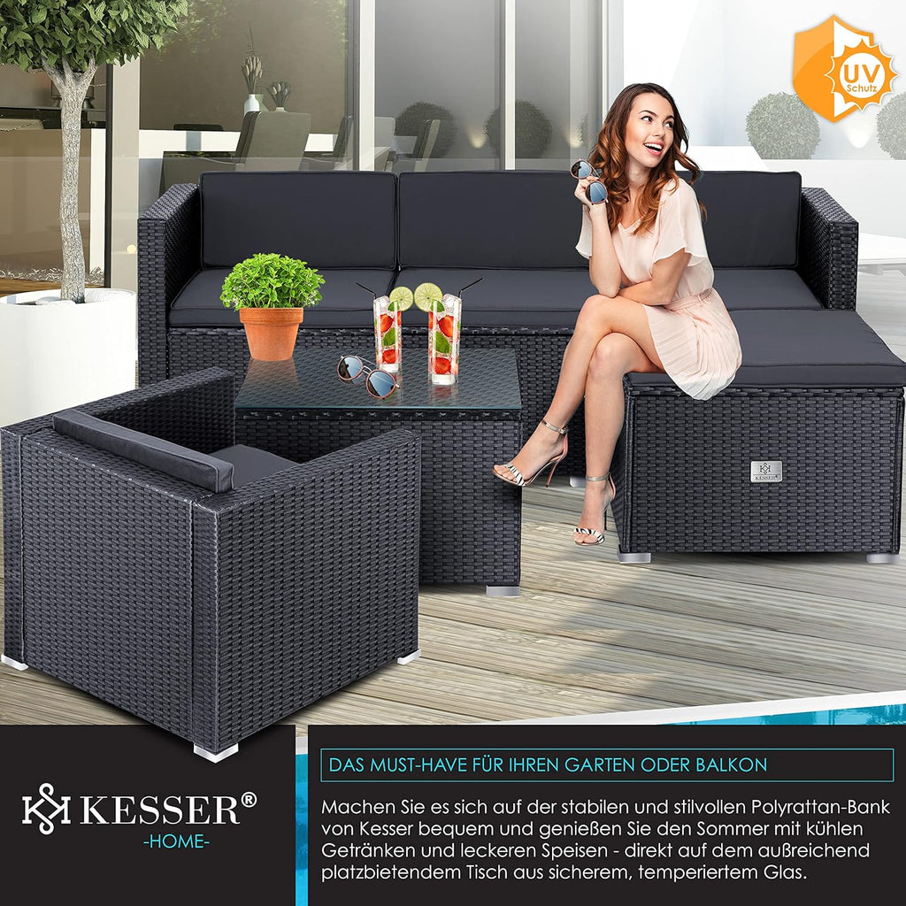 KESSER Polyrattan Lounge Aruba Anthrazit für 4–5 Personen – Gartenmöbel Set mit Sofa, Sessel, Hocker & Tisch