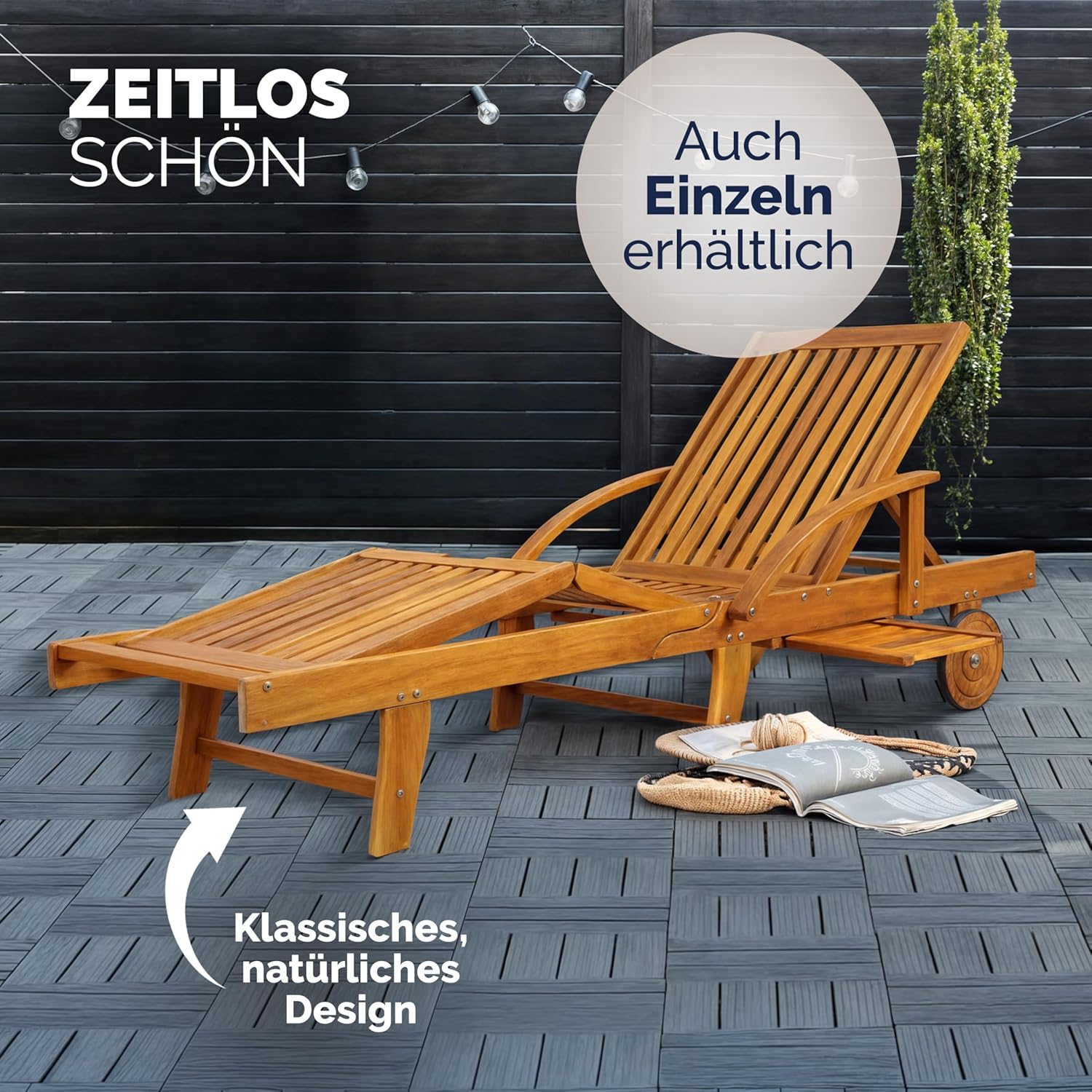 Casaria Sonnenliege 2er Set Akazienholz Braun – Klappbare Gartenliege mit Rädern, Ausziehtisch & verstellbarer Rückenlehne