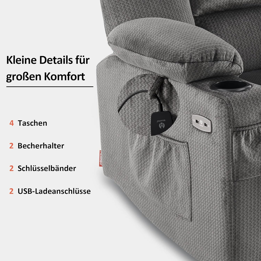M MCombo Elektrischer Fernsehsessel Relaxsessel mit Liegefunktion, Massage & Wärme, USB-Anschluss, verstellbarer TV Sessel für Wohnzimmer