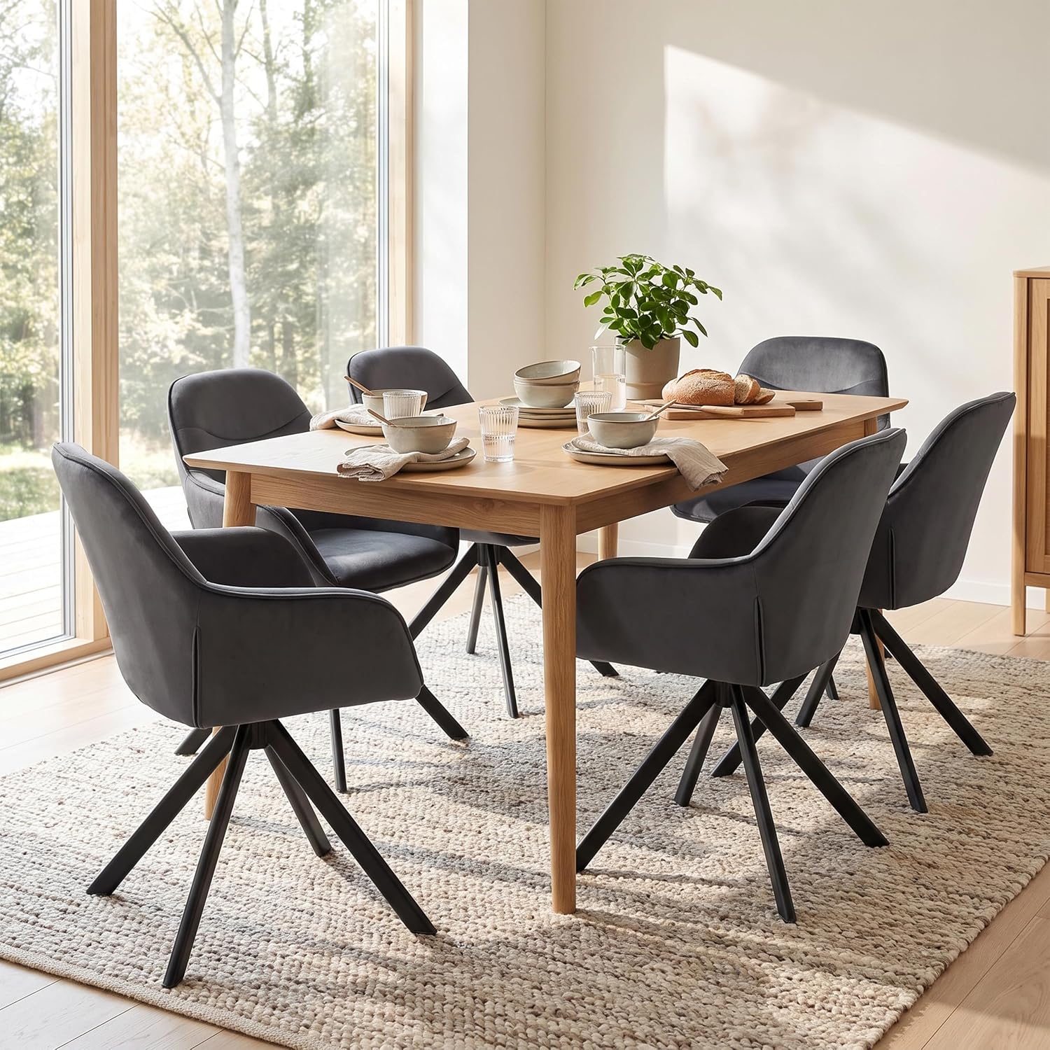 6er Set Esszimmerstühle Drehbar mit Armlehne, 360° Drehstuhl Polsterstuhl Samt Modern Küchenstuhl mit Metallbeine für Esszimmer, Wohnzimmer, Büro