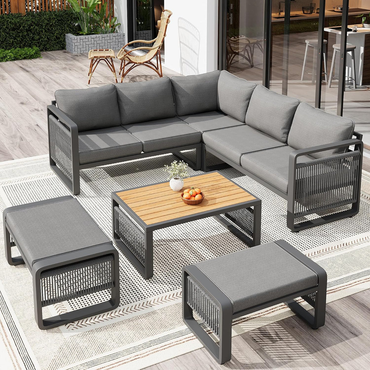 Merax Gartenmöbel Lounge Set Grau für 6–7 Personen, Gartensofa mit Liegefunktion, Ecklounge mit Sitzkissen für Terrasse & Balkon