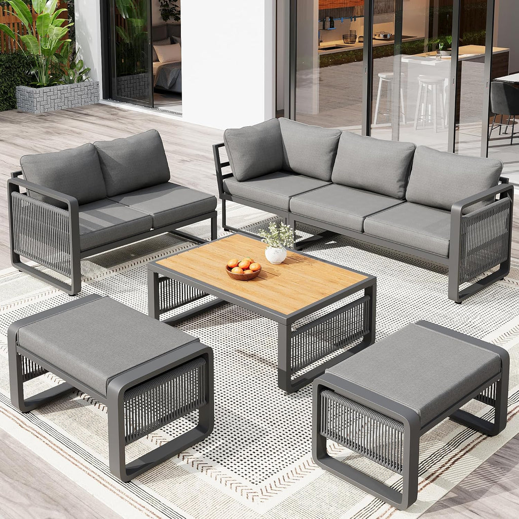 Merax Gartenmöbel Lounge Set Grau für 6–7 Personen, Gartensofa mit Liegefunktion, Ecklounge mit Sitzkissen für Terrasse & Balkon