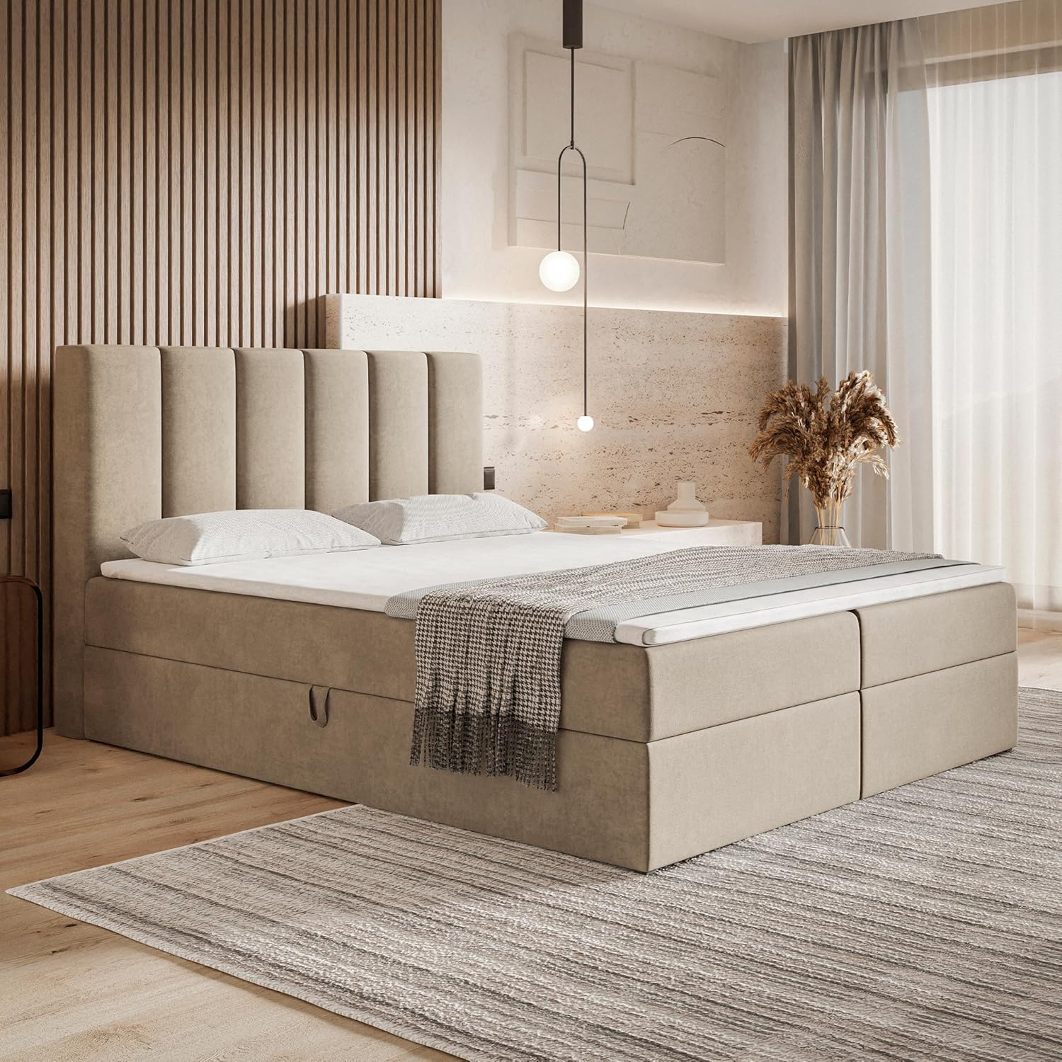 Motivena Santiago Boxspringbett 160x200 Beige Samt mit Bettkasten – Matratze H4 & Topper H3, Polsterbett mit Kopfteil