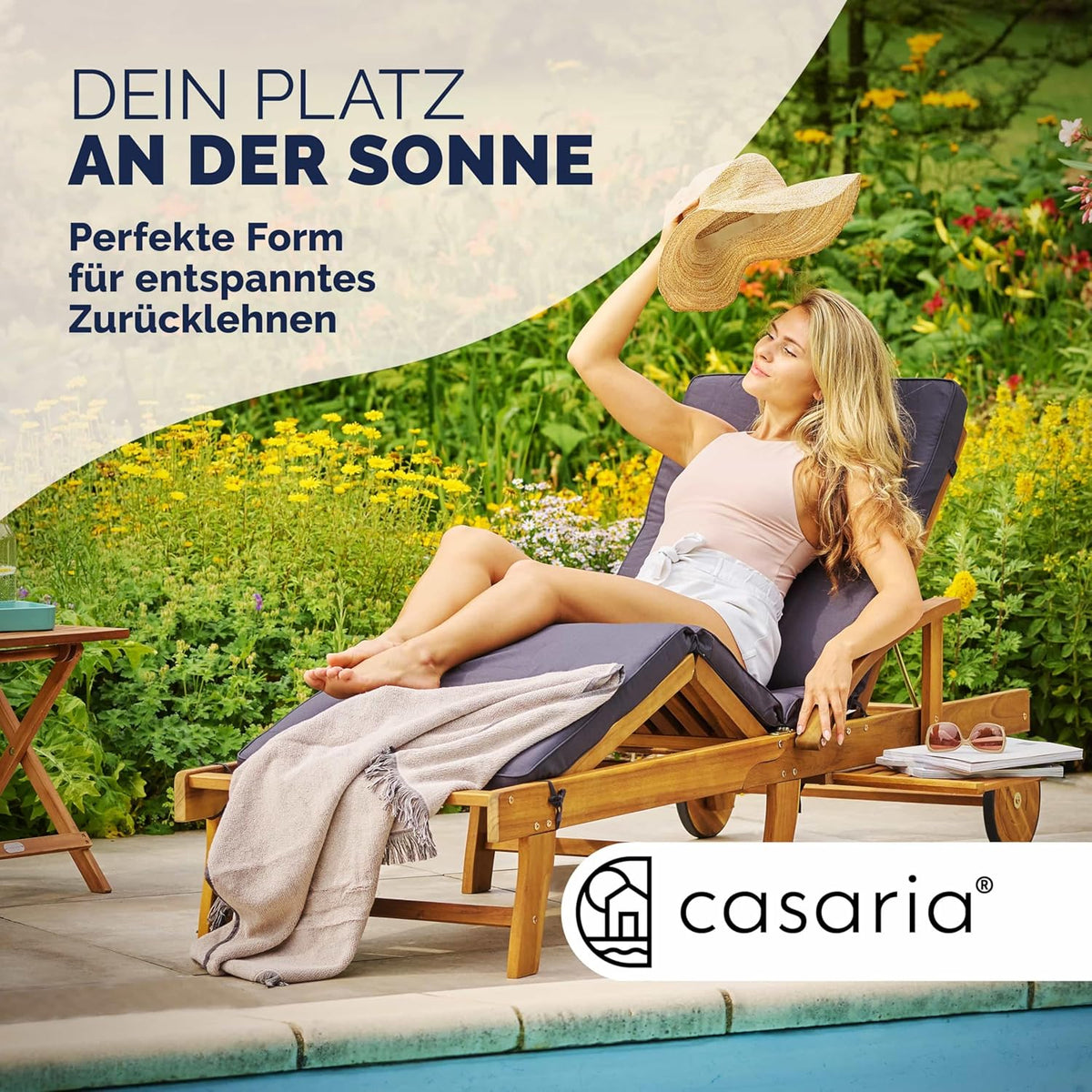 Casaria Sonnenliege 2er Set aus Akazienholz, Braun, klappbare Gartenliege mit Rädern & Ausziehtisch, 195 x 59 cm