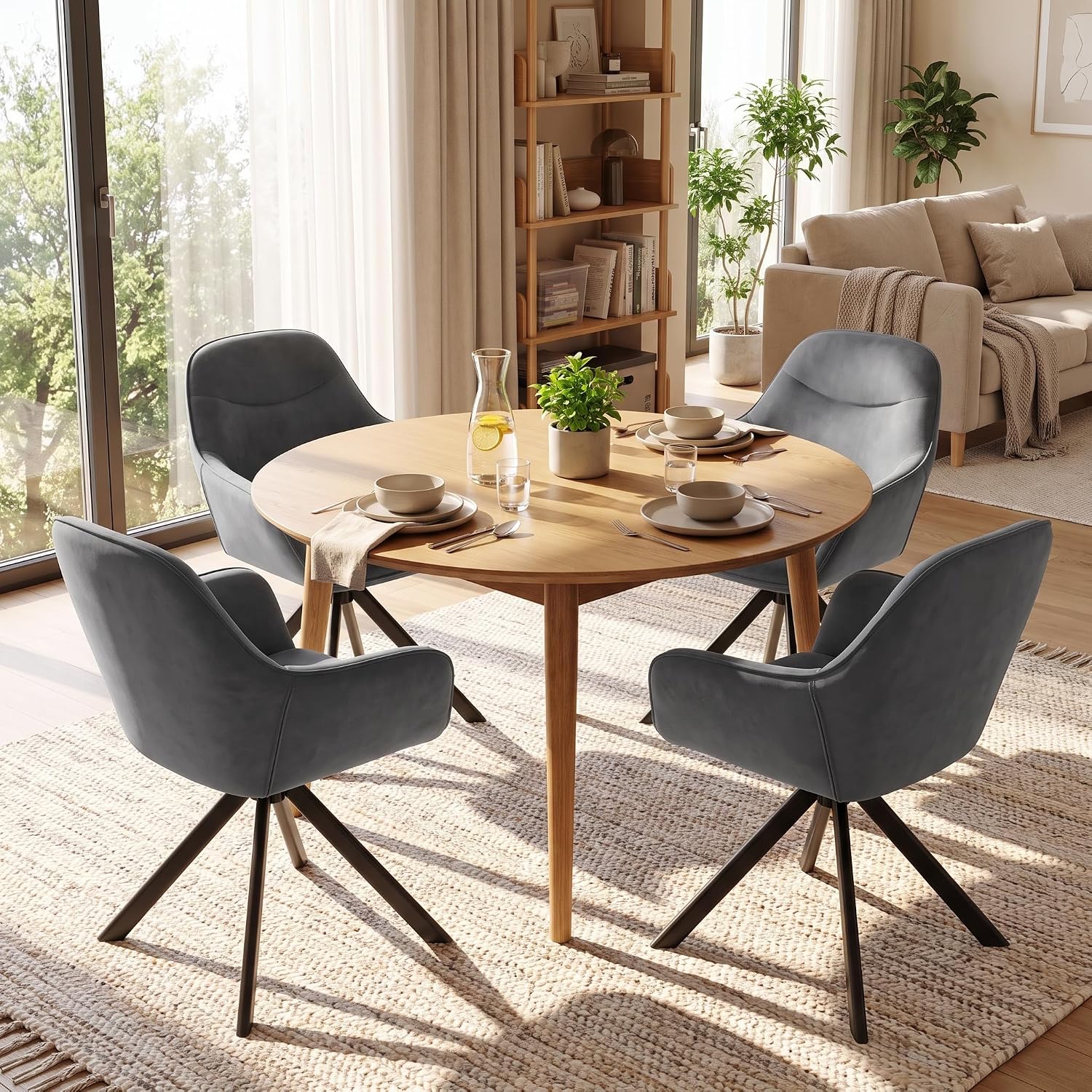 6er Set Esszimmerstühle Drehbar mit Armlehne, 360° Drehstuhl Polsterstuhl Samt Modern Küchenstuhl mit Metallbeine für Esszimmer, Wohnzimmer, Büro
