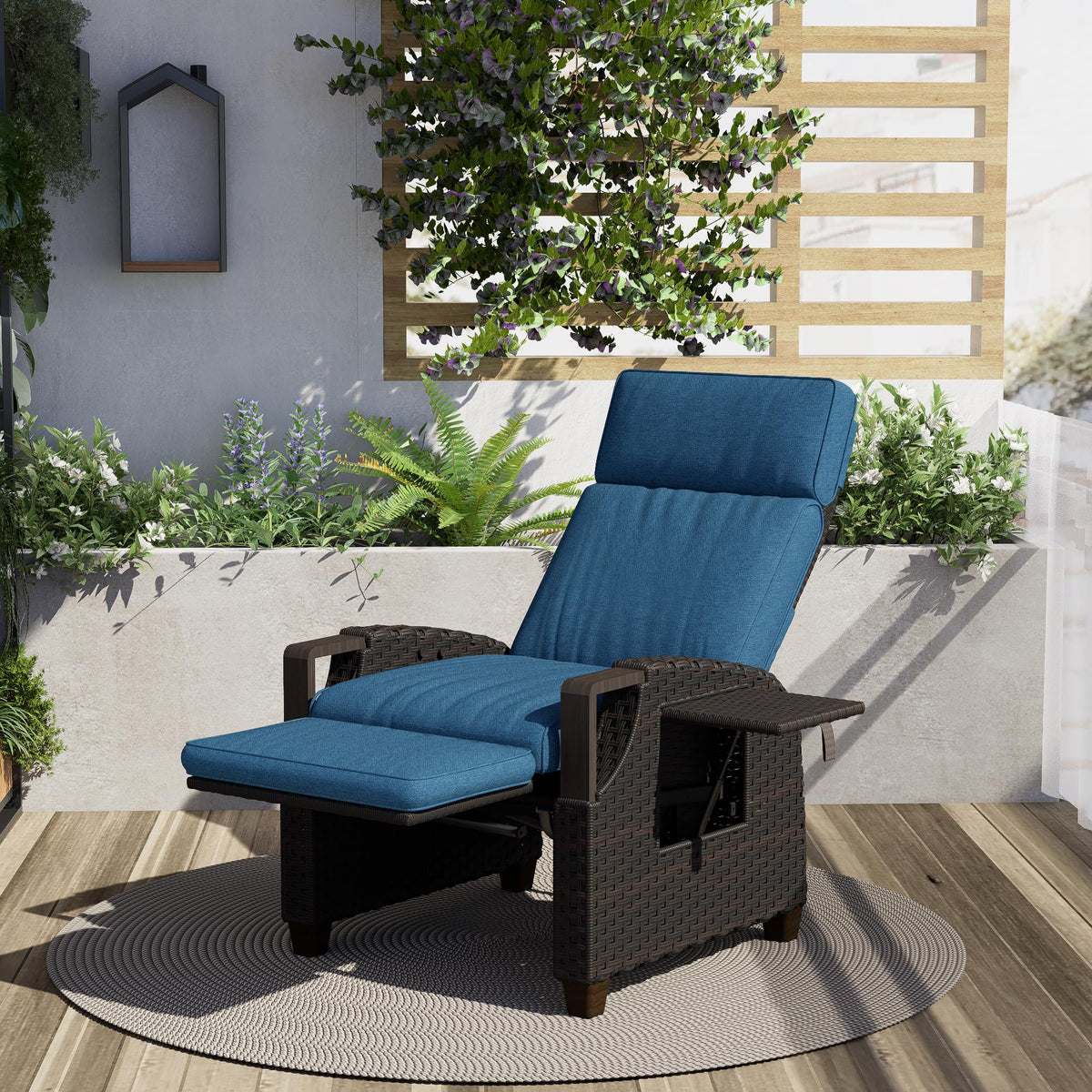 Grand patio Relaxliege Rattan Braun/Dunkelgrau, verstellbarer Liegesessel mit Sitzkissen & Beistelltisch, Garten & Terrasse