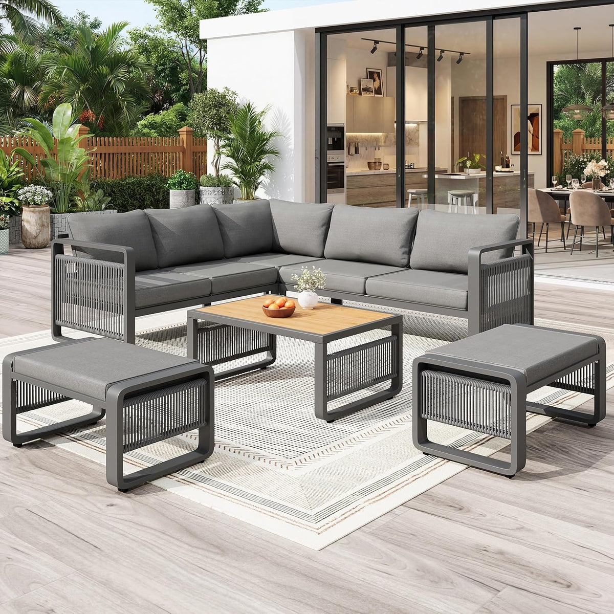 Merax Gartenmöbel Lounge Set Grau für 6–7 Personen, Gartensofa mit Liegefunktion, Ecklounge mit Sitzkissen für Terrasse & Balkon