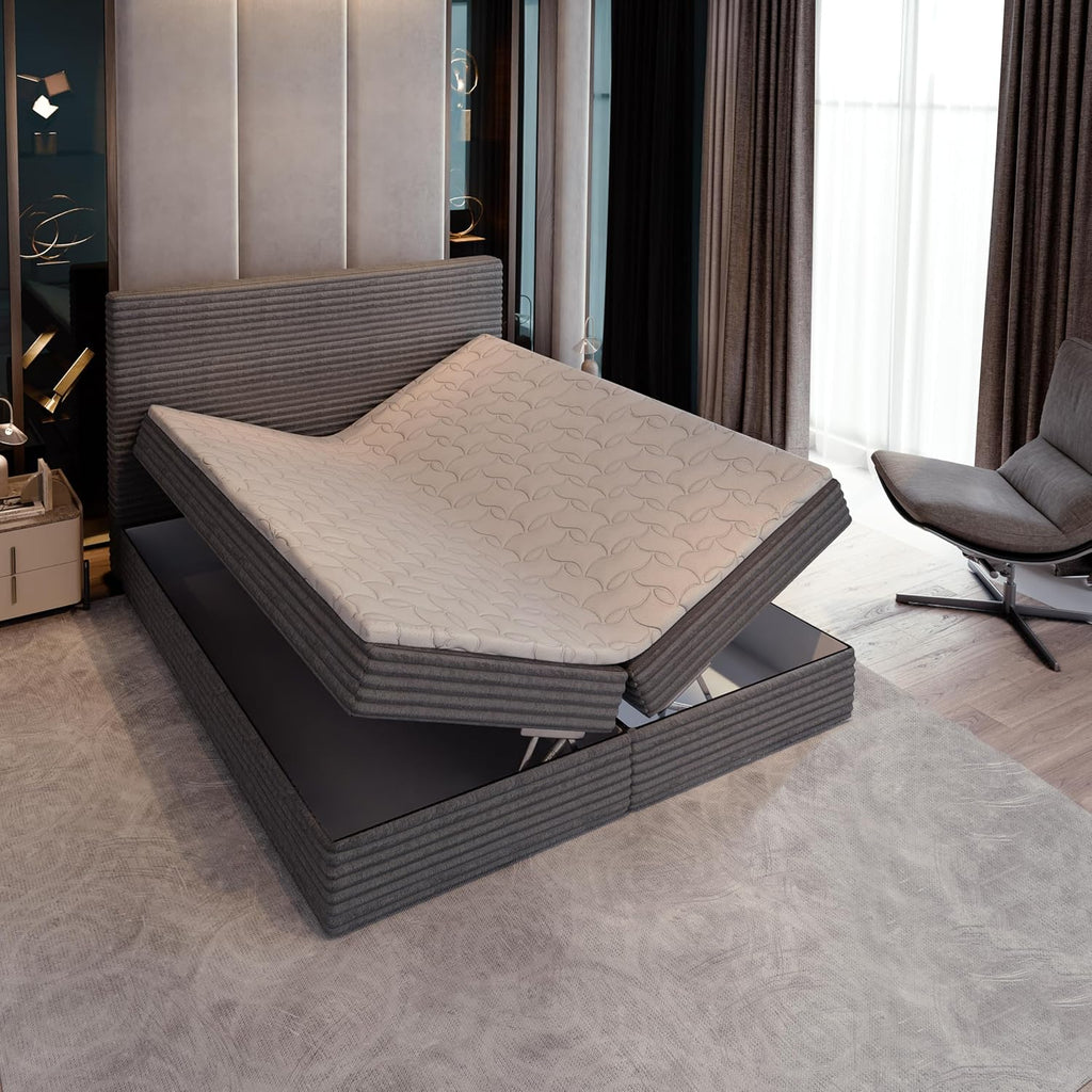 Masseno Boxspringbett PISA Creme mit Matratze & Topper, Polsterbett mit Bettkasten und gepolstertem Kopfteil